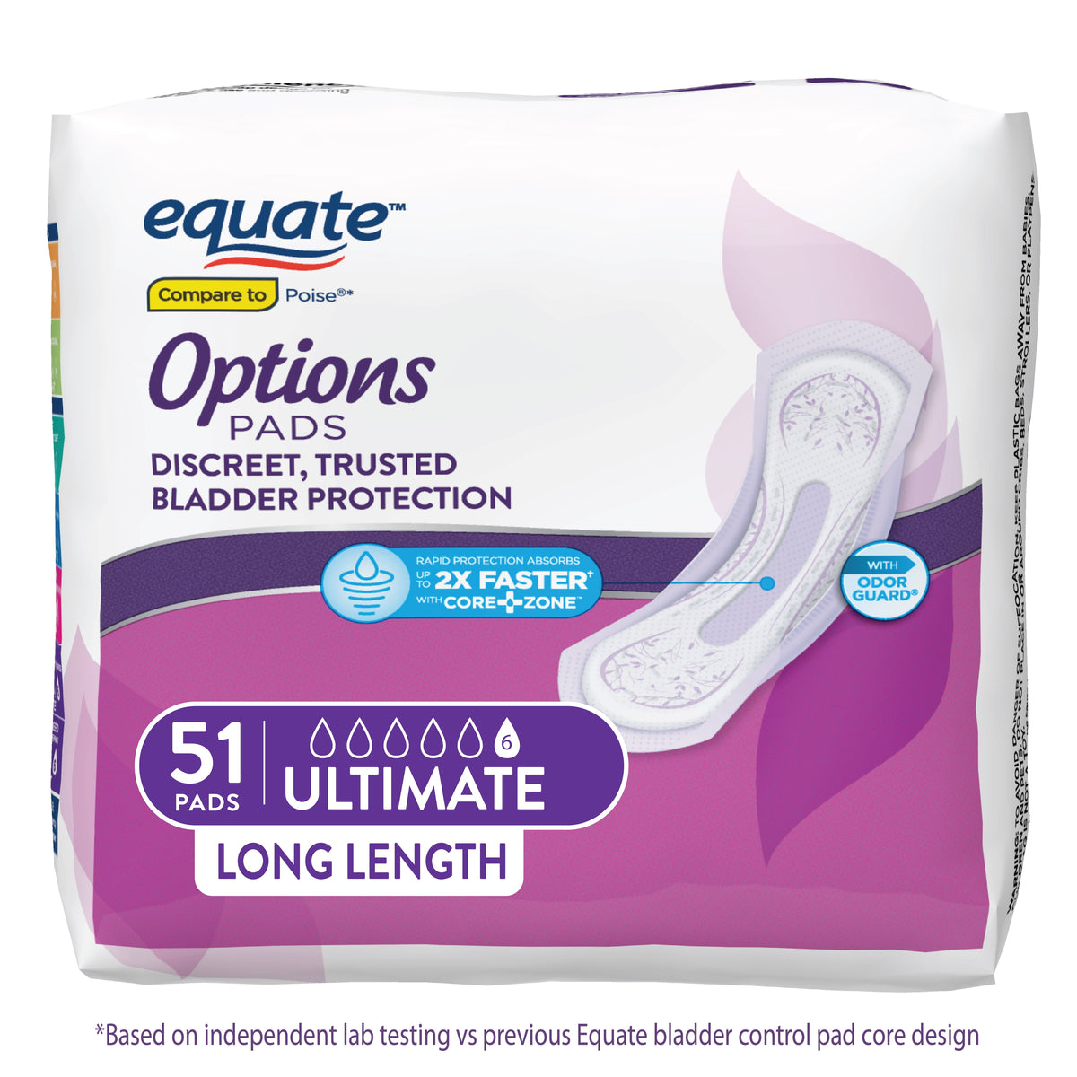 Equate Options Women's Incontinence Pads, Ultimate Absorbency, Unscented, Long Length (102 Count)