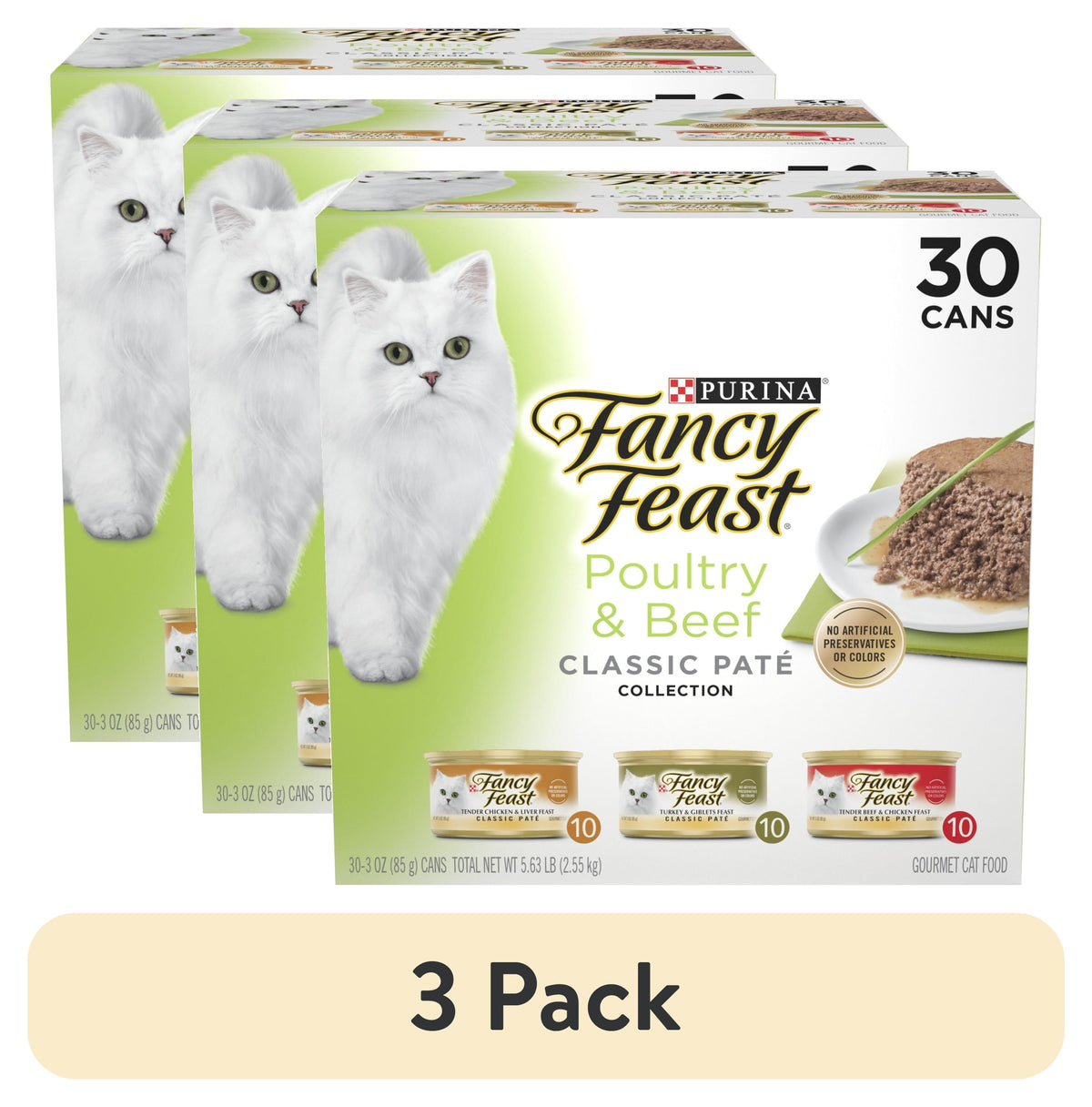Purina Fancy Feast Classic Pate Food, Wet Cat Food, Poultry & Beef, 3 oz Cans, 30 Pack