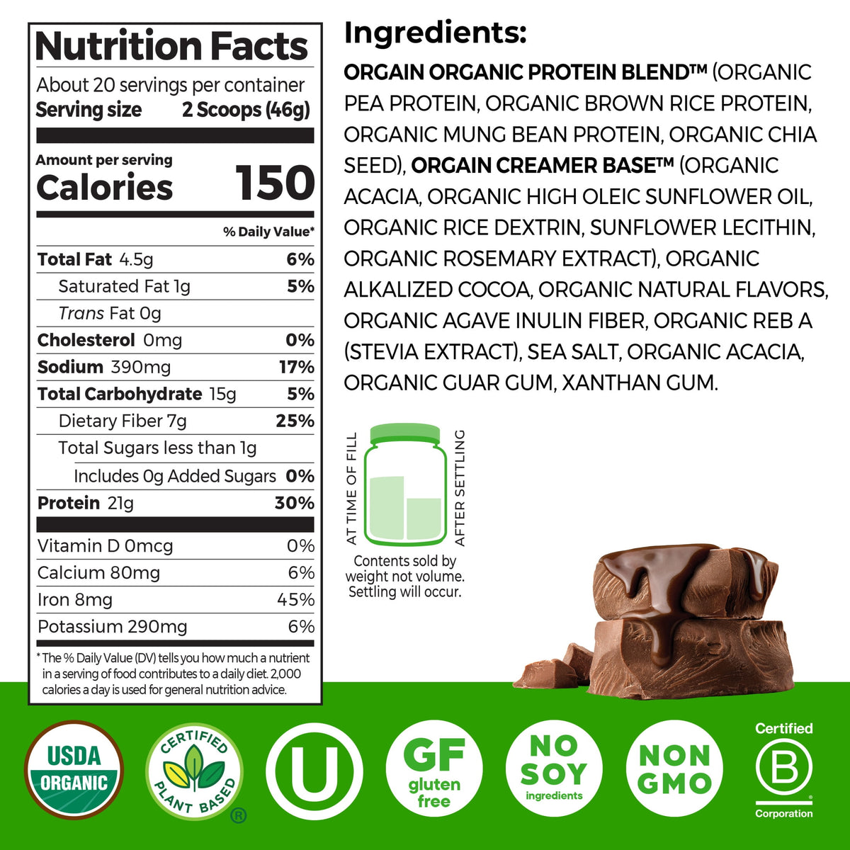 Orgain Organic Vegan 21g Protein Powder, Plant Based, Creamy Chocolate 2.03lb
