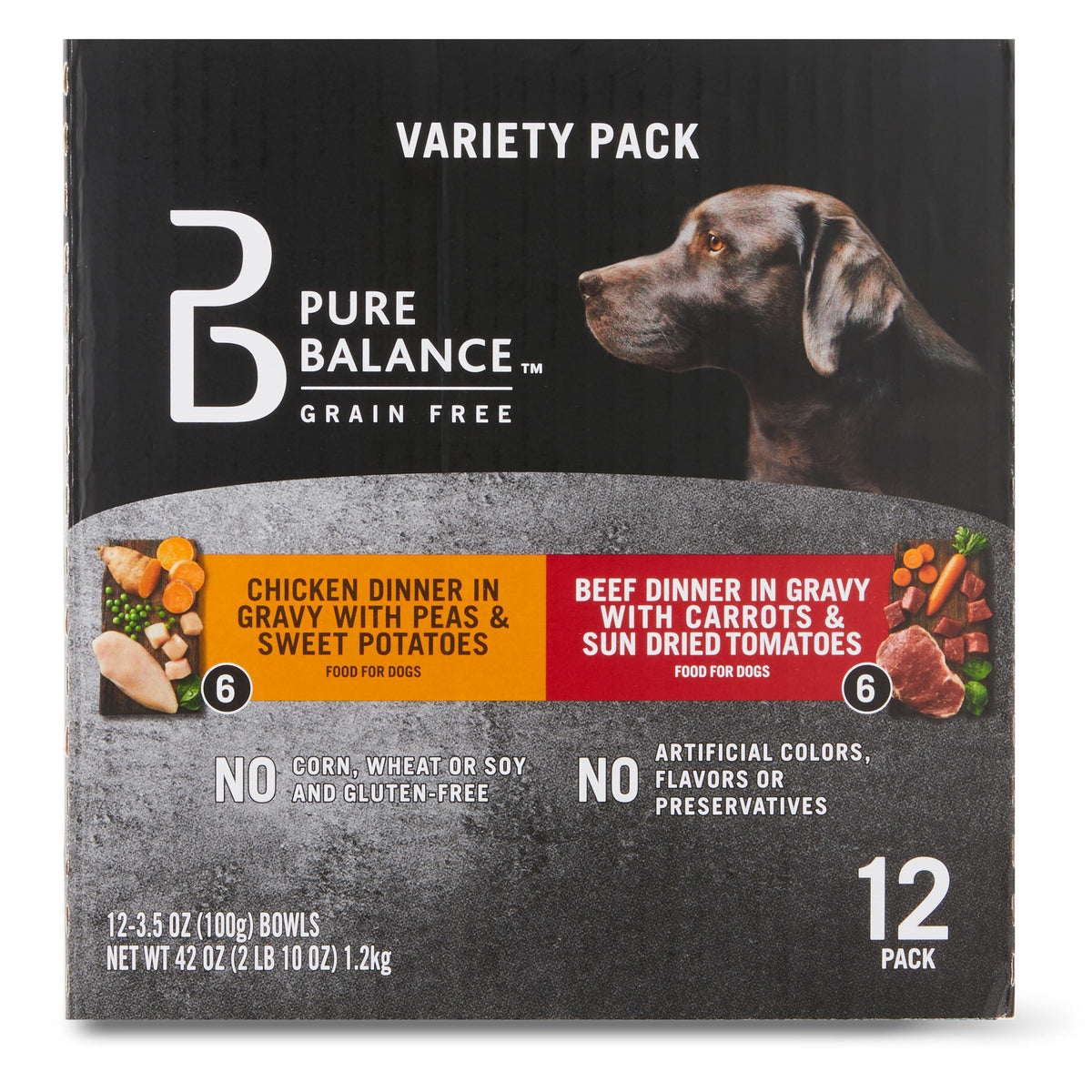 (3 pack) Pure Balance Grain Free Chicken Dinner in Gravy & Beef Dinner in Gravy Wet Dog Food Variety Pack, 3.5 oz, 12 Pack