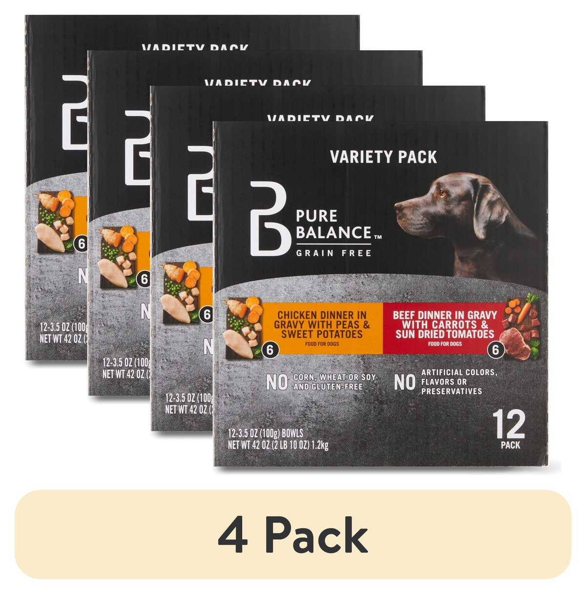 (3 pack) Pure Balance Grain Free Chicken Dinner in Gravy & Beef Dinner in Gravy Wet Dog Food Variety Pack, 3.5 oz, 12 Pack