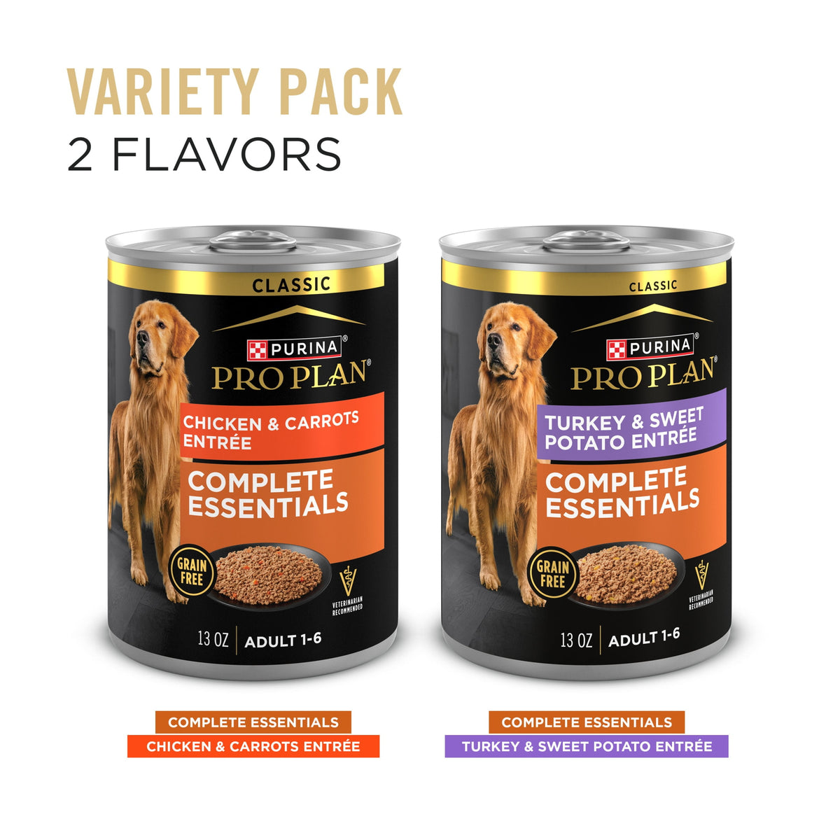 Purina Pro Plan Wet Grain Free Wet Dog Food Complete Essentials Variety Pack, Chicken and Carrots and Turkey and Sweet Potato Entrees, 13 oz Cans (12 Pack)