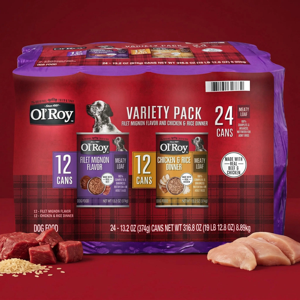 Ol' Roy Filet Mignon Flavor and Chicken and Rice Flavor Wet Dog Food Variety Pack, 13.2 oz Cans, 24 Pack