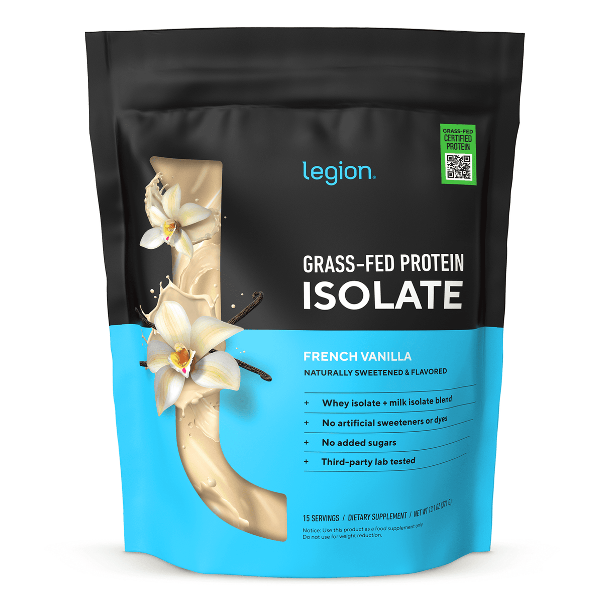 Legion Certified Grass Fed Whey & Milk Protein Isolate Powder, 20g of Protein Per Serving, Dutch Chocolate, 14.1 oz