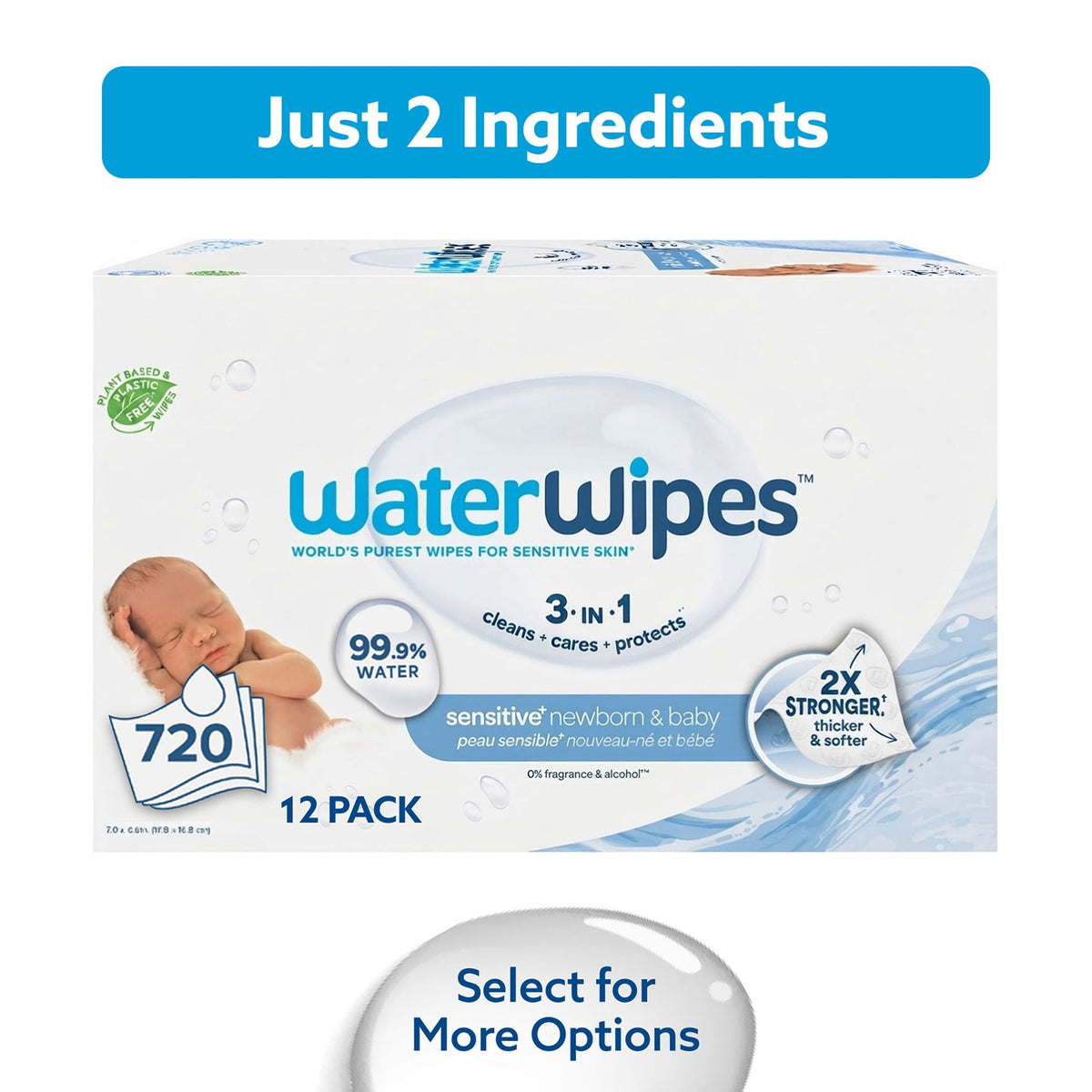 WaterWipes Sensitive Newborn & Baby Wipes, 99.9% Water, Unscented & Hypoallergenic, 720 Wipes