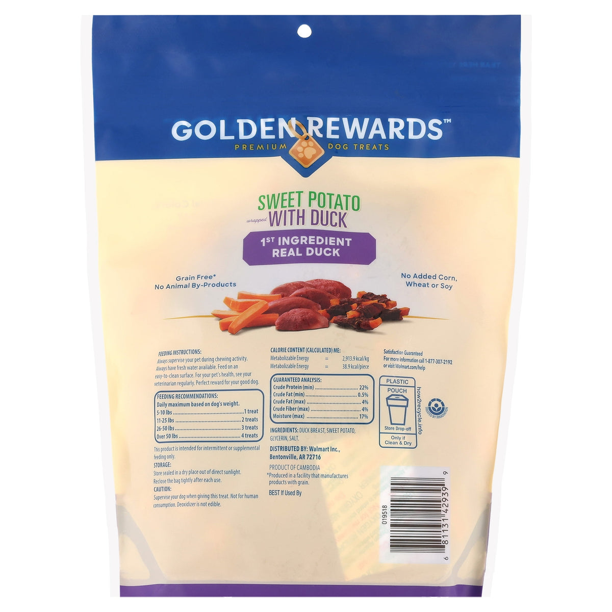 (4 pack) Golden Rewards Sweet Potato Wrapped with Duck Premium Treats for Dogs, 16 oz Bag