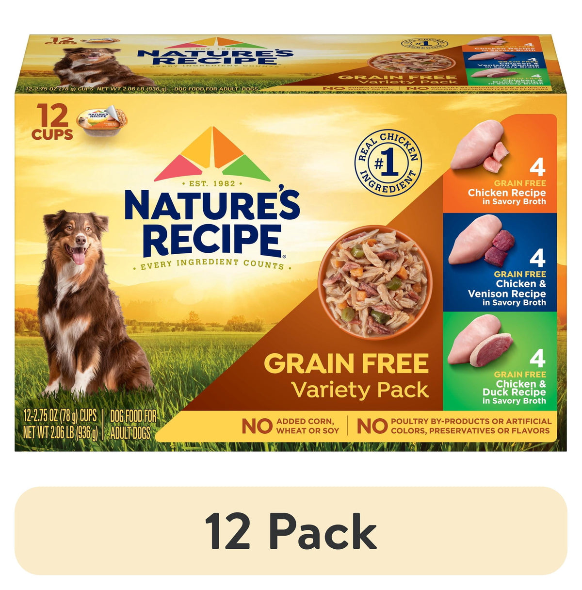 (3 pack) Nature's Recipe Savory Broth Grain Free Wet Dog Food Variety Pack, 2.75 oz Cups (12 Pack)