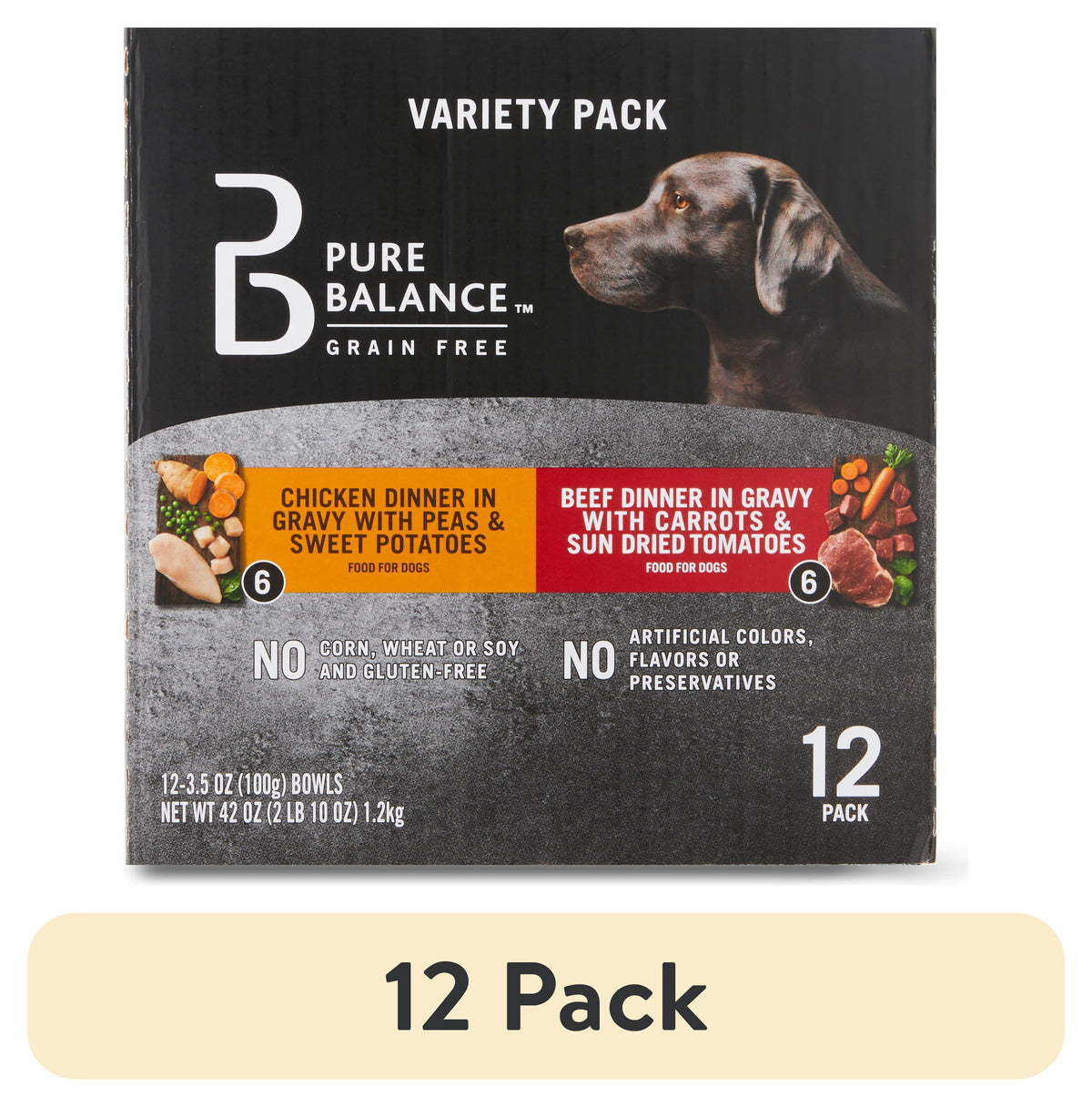 (3 pack) Pure Balance Grain Free Chicken Dinner in Gravy & Beef Dinner in Gravy Wet Dog Food Variety Pack, 3.5 oz, 12 Pack