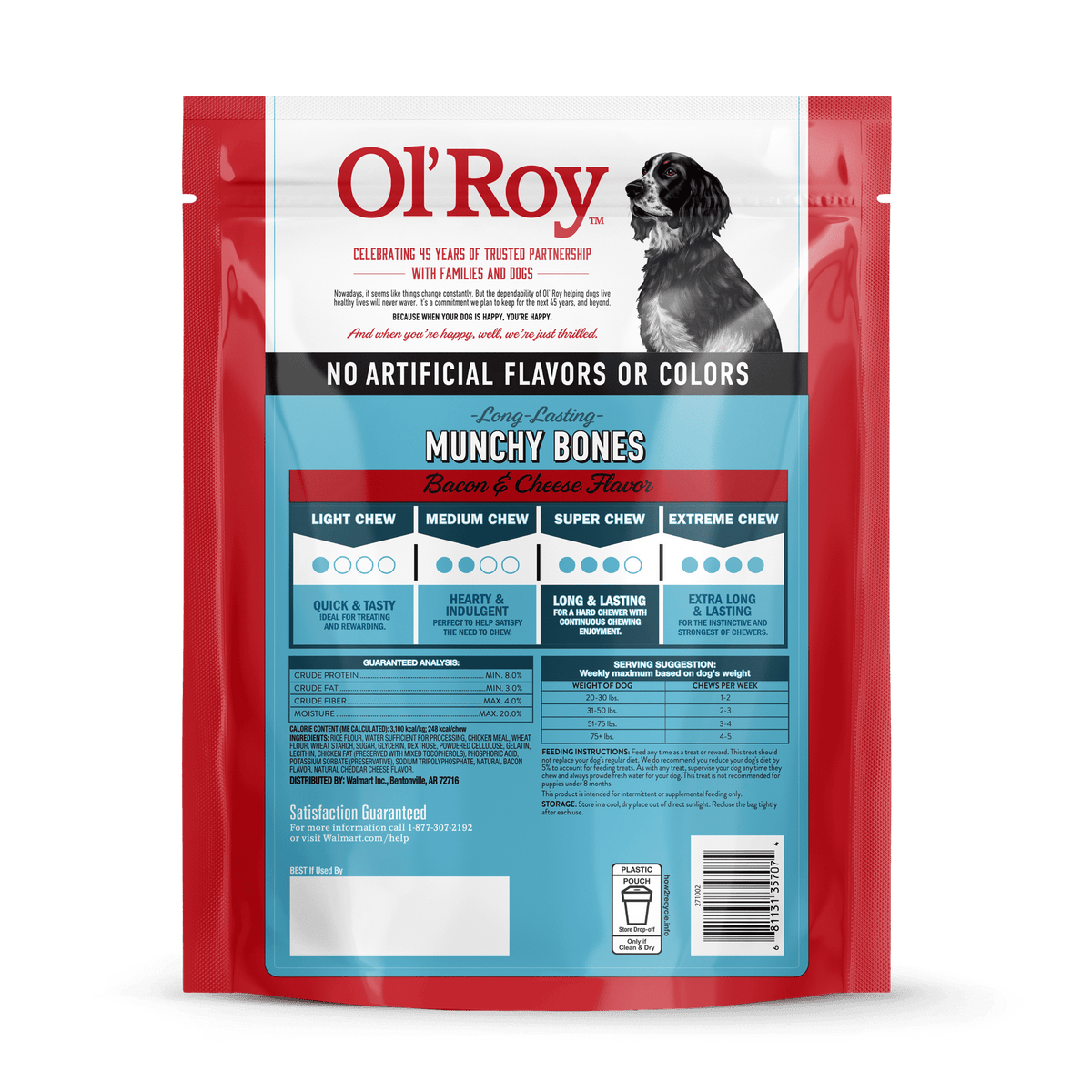 (4 pack) Ol' Roy Munchy Bone Dog Treats, Bacon and Cheese Flavor, 20 oz, 7 Count