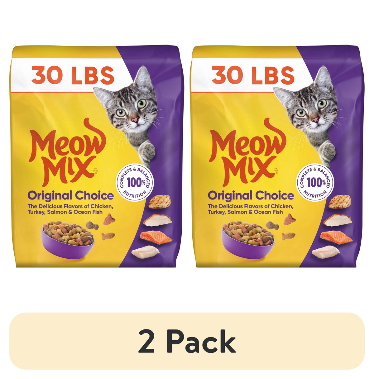 (2 pack) Meow Mix Original Choice Dry Cat Food, All Life Stages, Chicken, Turkey, Salmon & Ocean Fish Flavors, 30 lb Bag