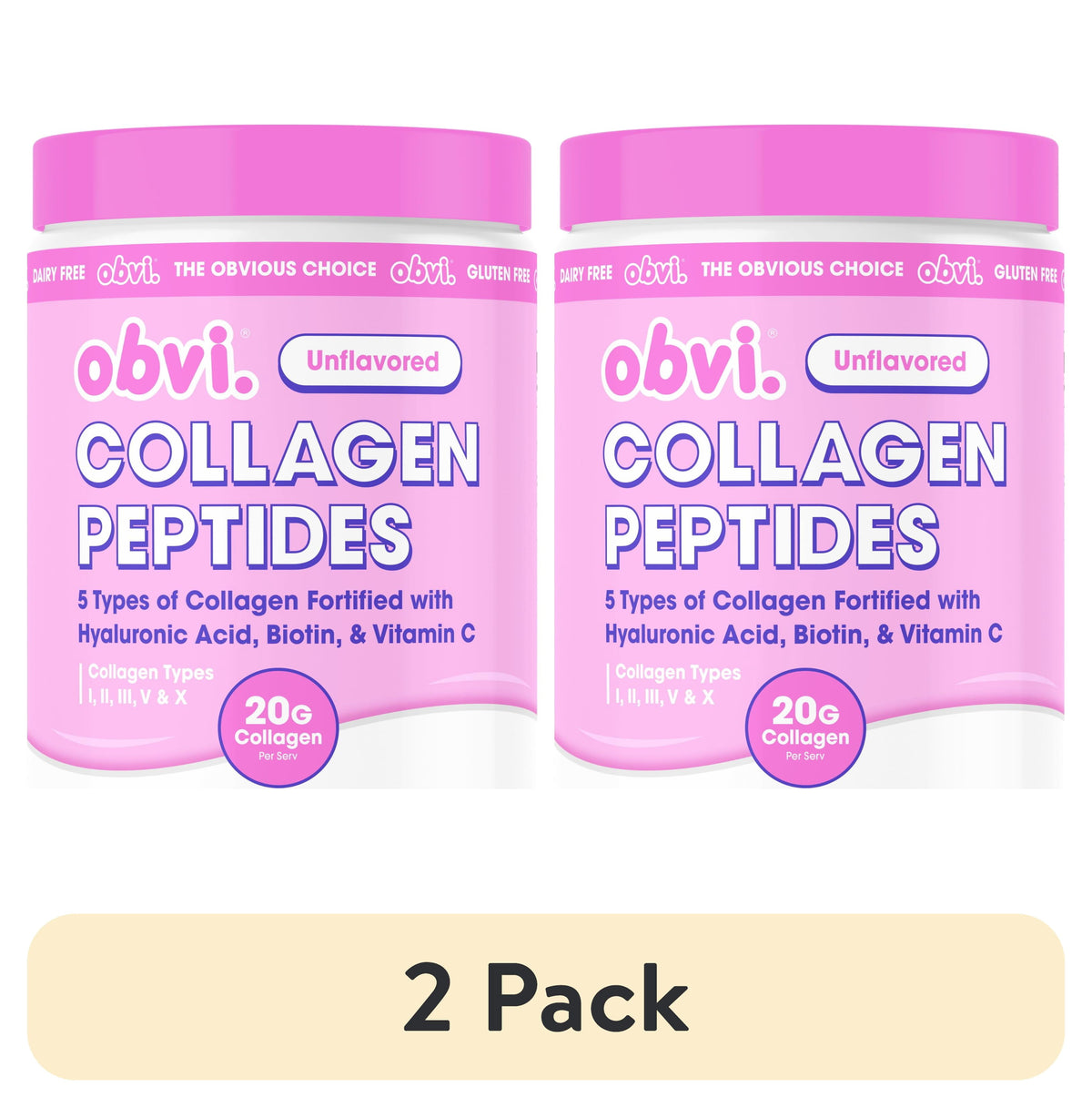 (2 pack) Obvi Unflavored Collagen Peptides Powder, Multi Collagen Supplement with Hyaluronic Acid, Biotin, and Vitamin C, 14 Servings