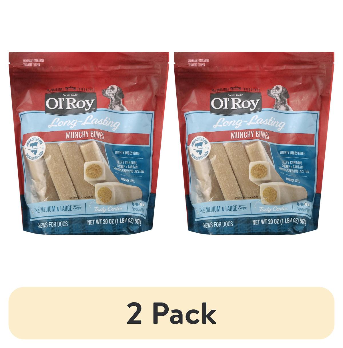 (4 pack) Ol' Roy Munchy Bone Dog Treats, Bacon and Cheese Flavor, 20 oz, 7 Count