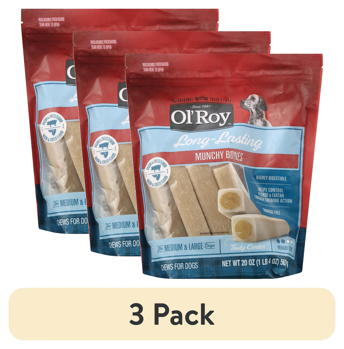 (4 pack) Ol' Roy Munchy Bone Dog Treats, Bacon and Cheese Flavor, 20 oz, 7 Count