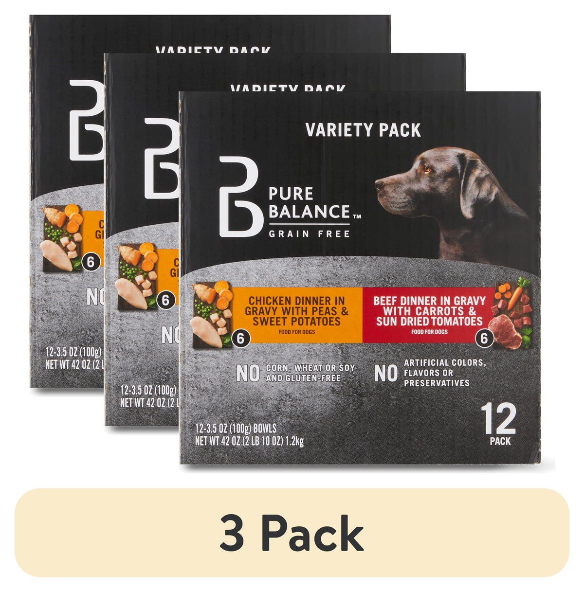 (3 pack) Pure Balance Grain Free Chicken Dinner in Gravy & Beef Dinner in Gravy Wet Dog Food Variety Pack, 3.5 oz, 12 Pack