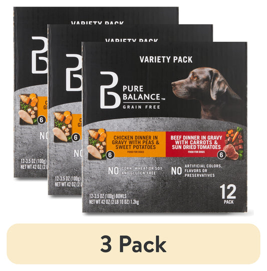 (3 pack) Pure Balance Grain Free Chicken Dinner in Gravy & Beef Dinner in Gravy Wet Dog Food Variety Pack, 3.5 oz, 12 Pack