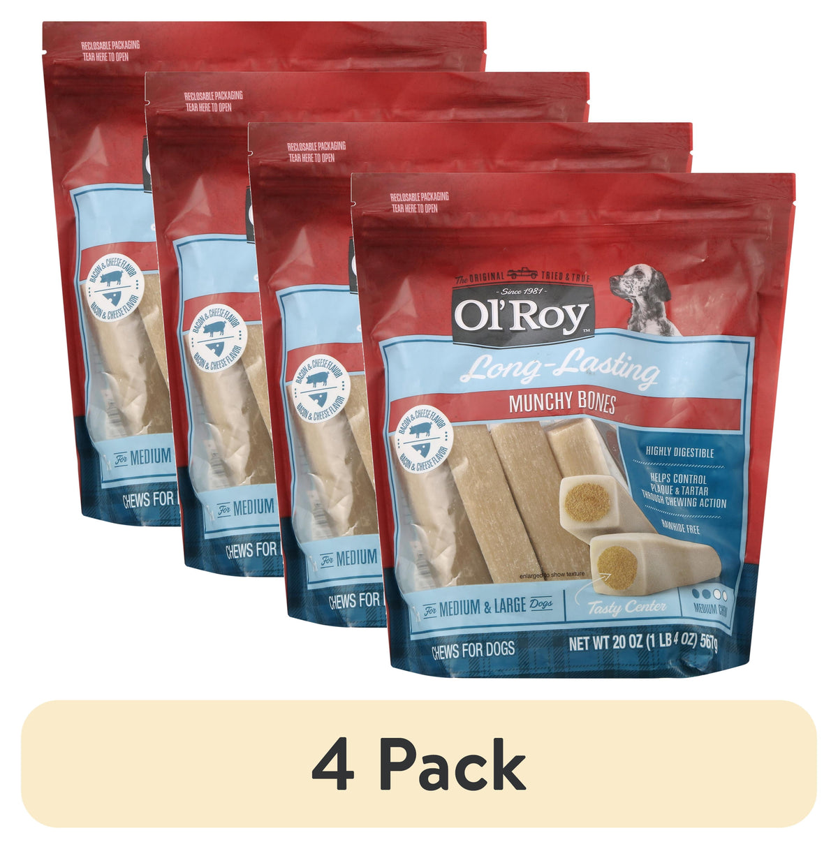 (4 pack) Ol' Roy Munchy Bone Dog Treats, Bacon and Cheese Flavor, 20 oz, 7 Count