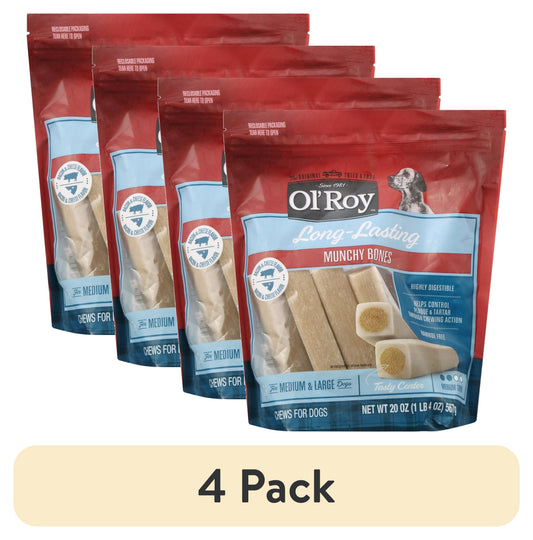 (4 pack) Ol' Roy Munchy Bone Dog Treats, Bacon and Cheese Flavor, 20 oz, 7 Count