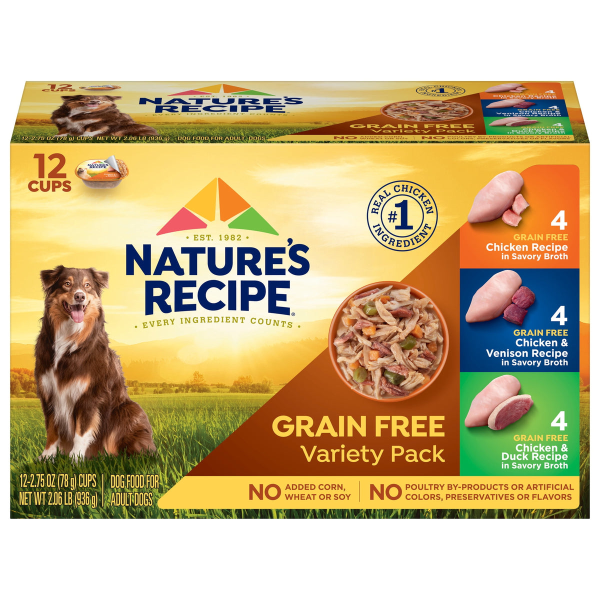 (3 pack) Nature's Recipe Savory Broth Grain Free Wet Dog Food Variety Pack, 2.75 oz Cups (12 Pack)