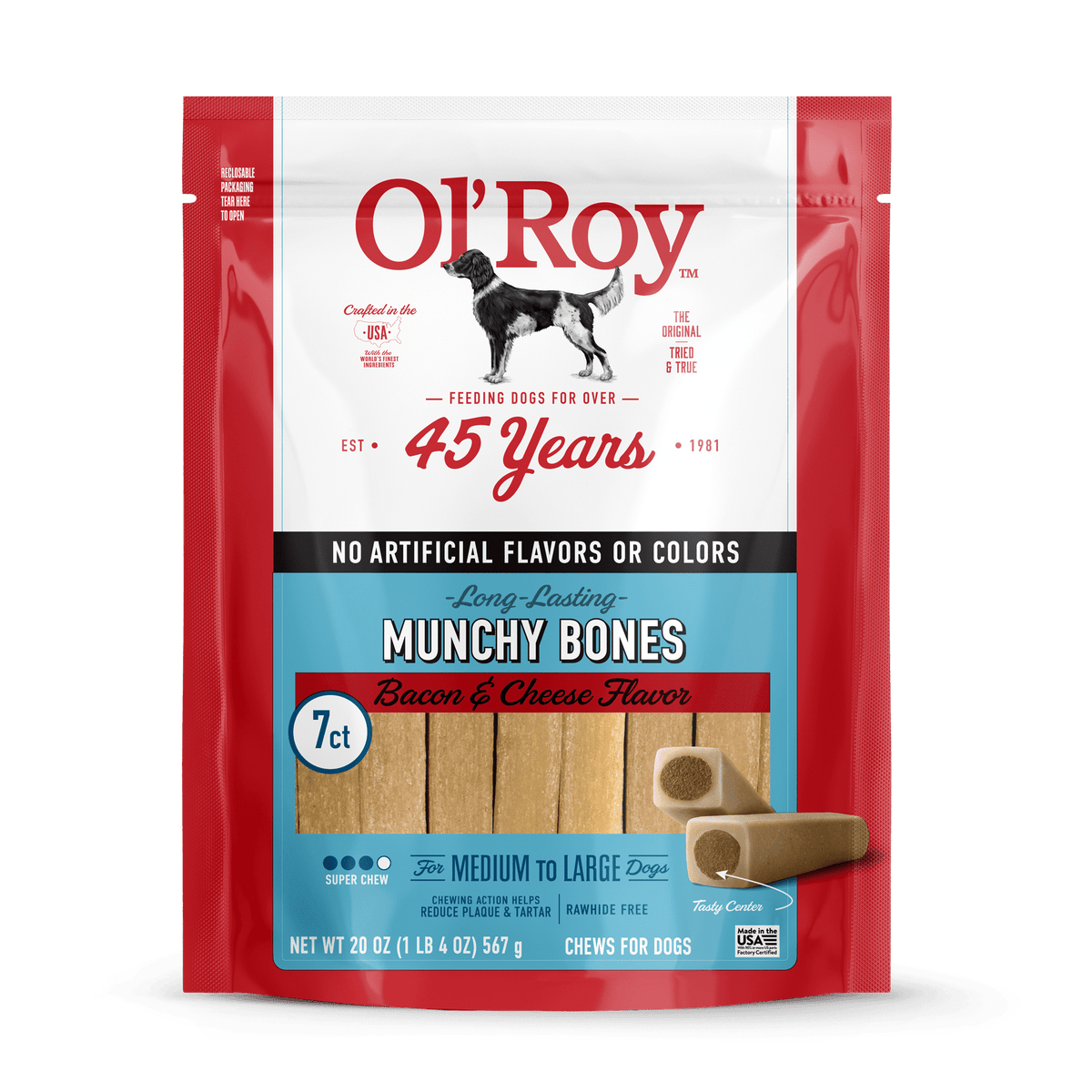 (4 pack) Ol' Roy Munchy Bone Dog Treats, Bacon and Cheese Flavor, 20 oz, 7 Count