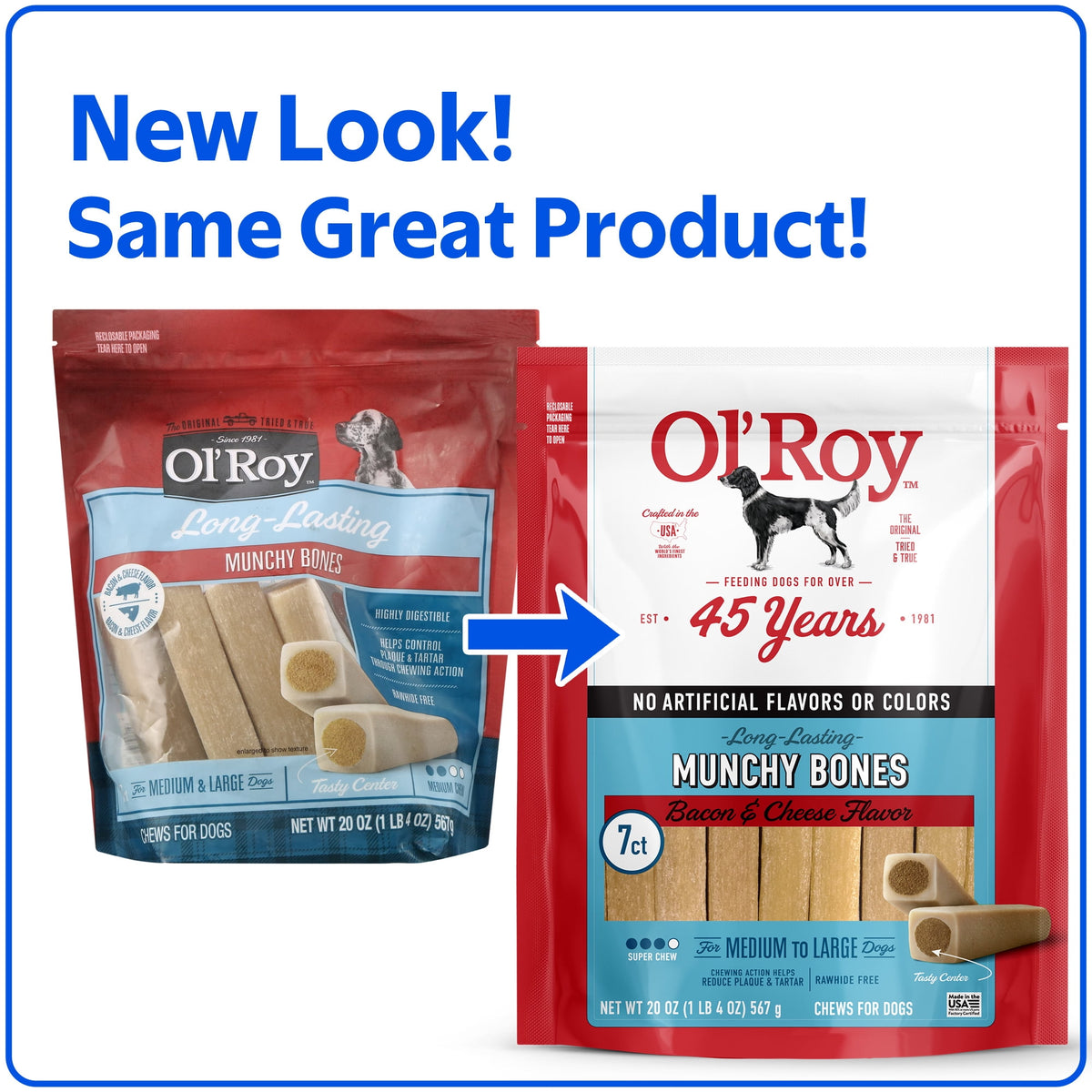 (4 pack) Ol' Roy Munchy Bone Dog Treats, Bacon and Cheese Flavor, 20 oz, 7 Count
