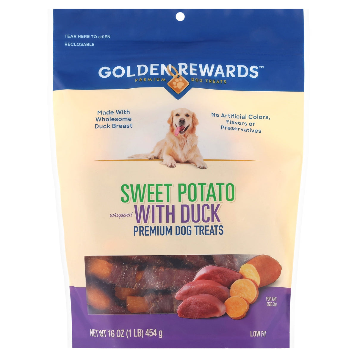(4 pack) Golden Rewards Sweet Potato Wrapped with Duck Premium Treats for Dogs, 16 oz Bag