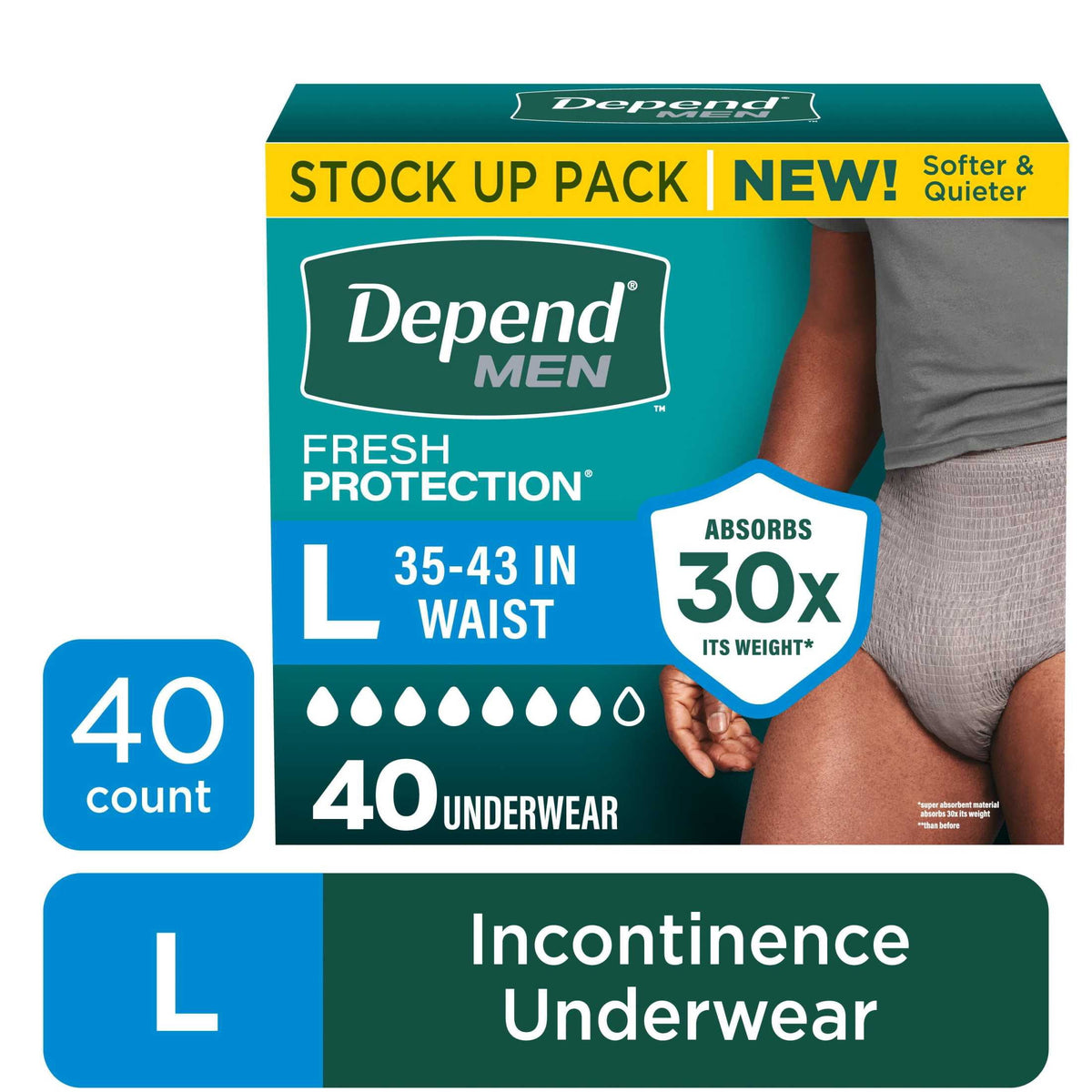 Depend Fresh Protection Incontinence Underwear for Men, Adult Diapers, L (40 Count)