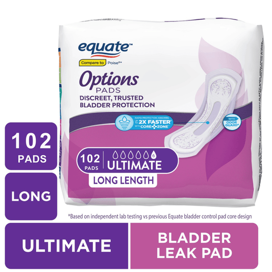 Equate Options Women's Incontinence Pads, Ultimate Absorbency, Unscented, Long Length (102 Count)