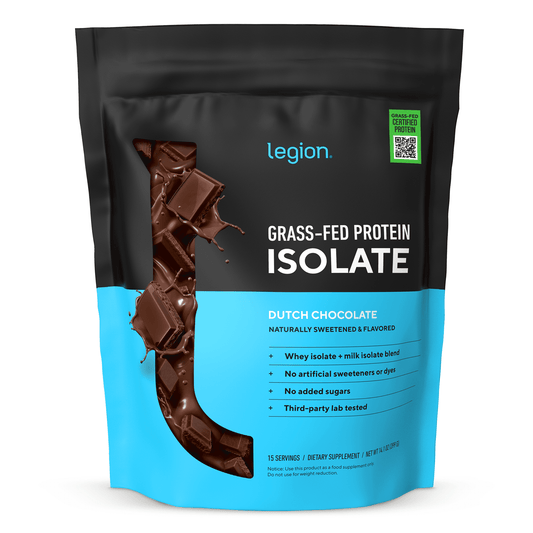 Legion Certified Grass Fed Whey & Milk Protein Isolate Powder, 20g of Protein Per Serving, Dutch Chocolate, 14.1 oz