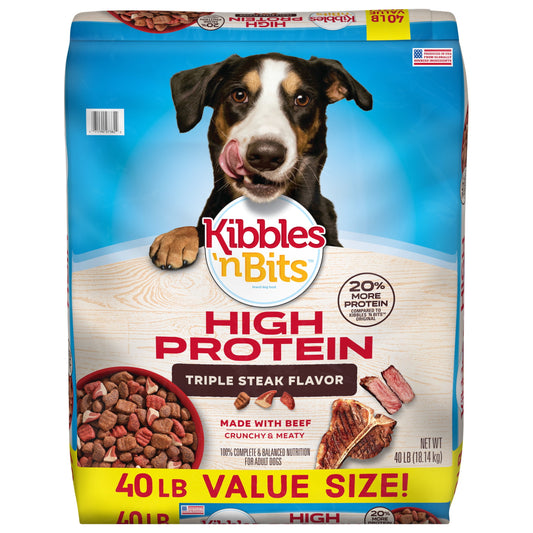 Kibbles 'n Bits Triple Steak Flavor Dry High Protein Dog Food, 40 lb. Bag
