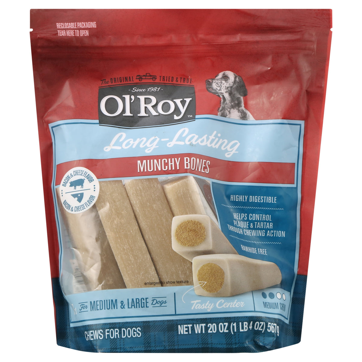 (4 pack) Ol' Roy Munchy Bone Dog Treats, Bacon and Cheese Flavor, 20 oz, 7 Count
