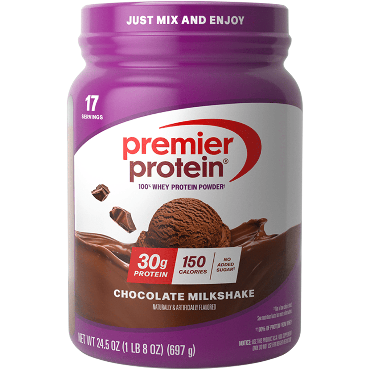 Premier Protein 100% Whey Protein Powder, Chocolate Milkshake, 30g Protein, 24.5 oz, 1.5 lb