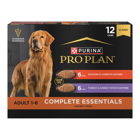 Purina Pro Plan Wet Grain Free Wet Dog Food Complete Essentials Variety Pack, Chicken and Carrots and Turkey and Sweet Potato Entrees, 13 oz Cans (12 Pack)