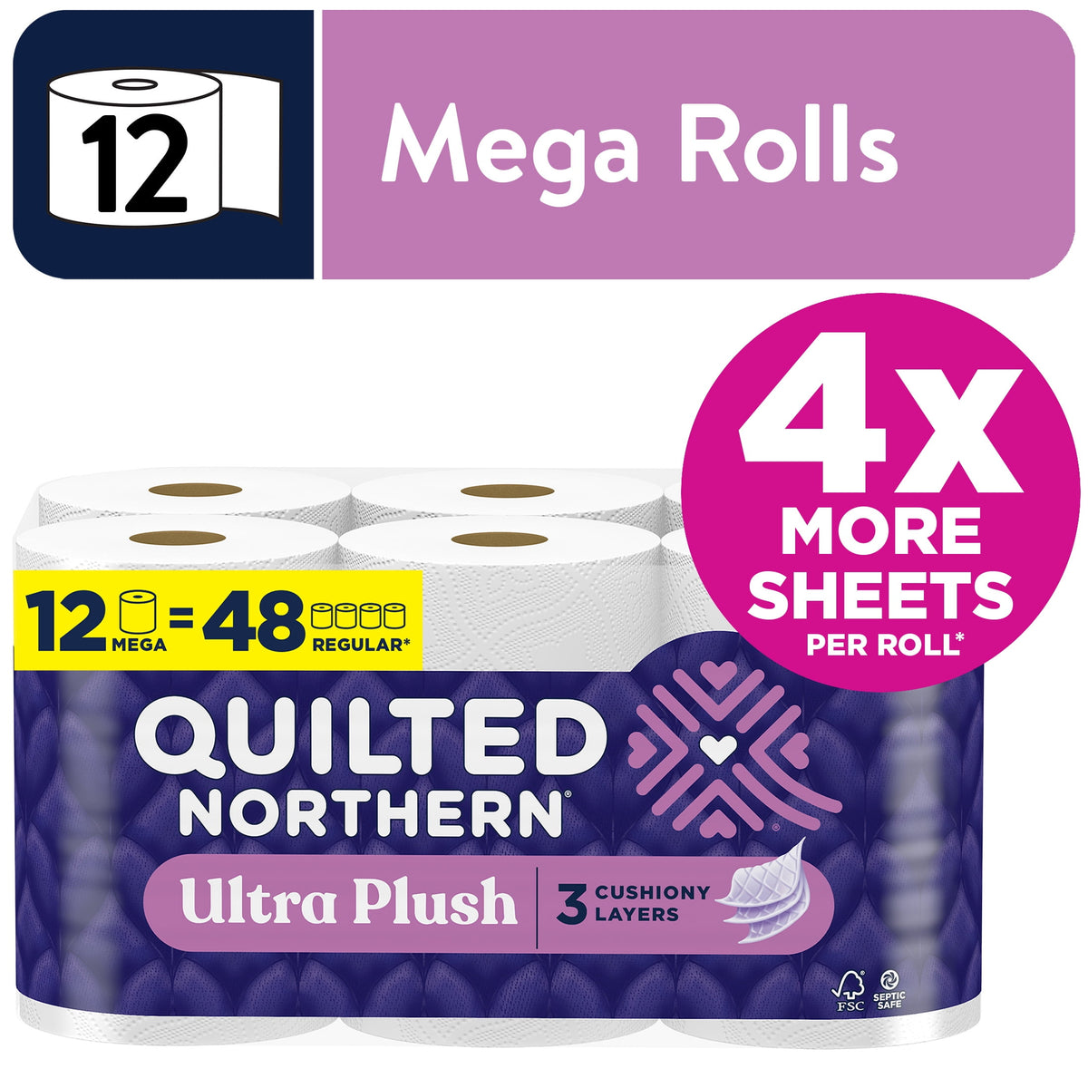 Quilted Northern Ultra Plush 3-Ply Toilet Paper, 30 Mega Rolls, 255 Sheets per Roll