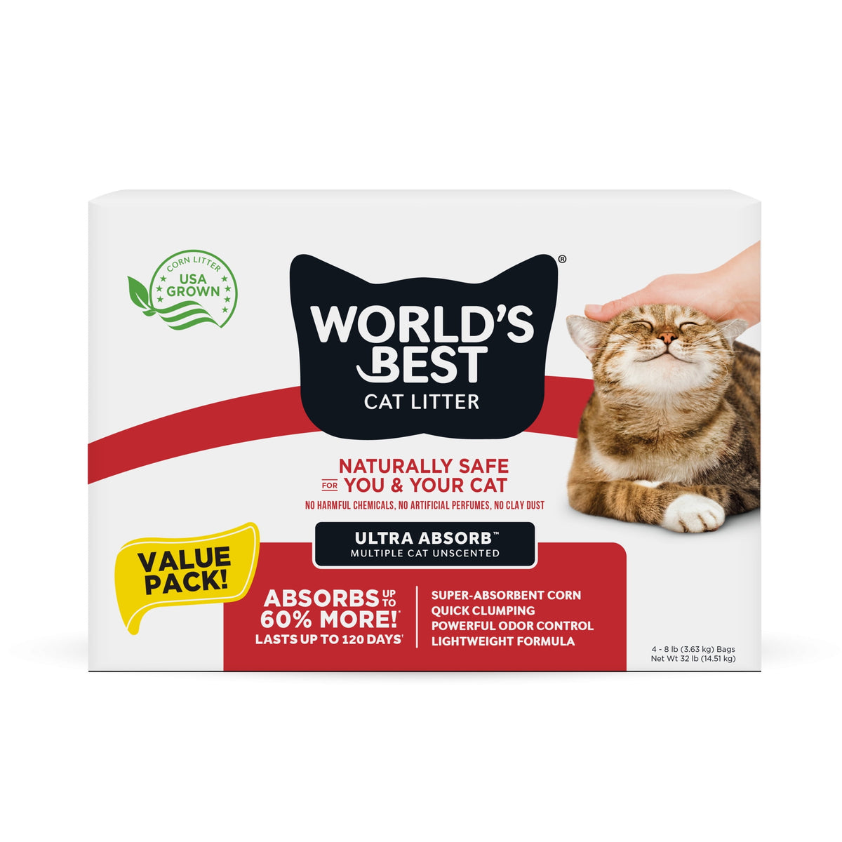 World's Best Cat Litter Ultra Absorb Unscented, Quick Clumping, Flushable, 32 lb Value Pack