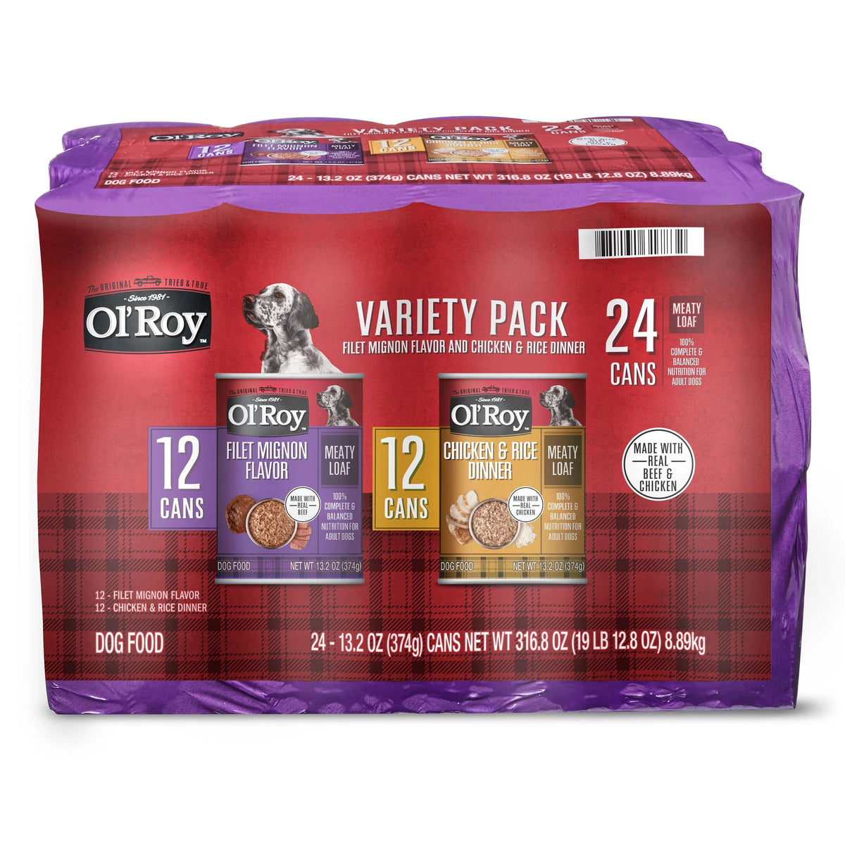 Ol' Roy Filet Mignon Flavor and Chicken and Rice Flavor Wet Dog Food Variety Pack, 13.2 oz Cans, 24 Pack