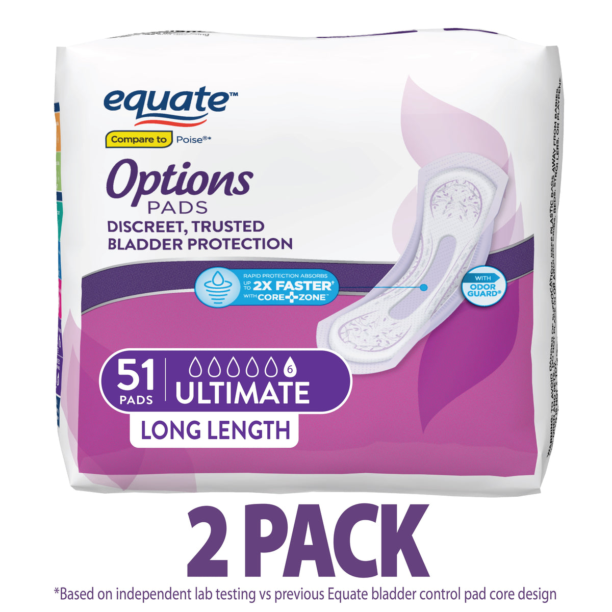Equate Options Women's Incontinence Pads, Ultimate Absorbency, Unscented, Long Length (102 Count)