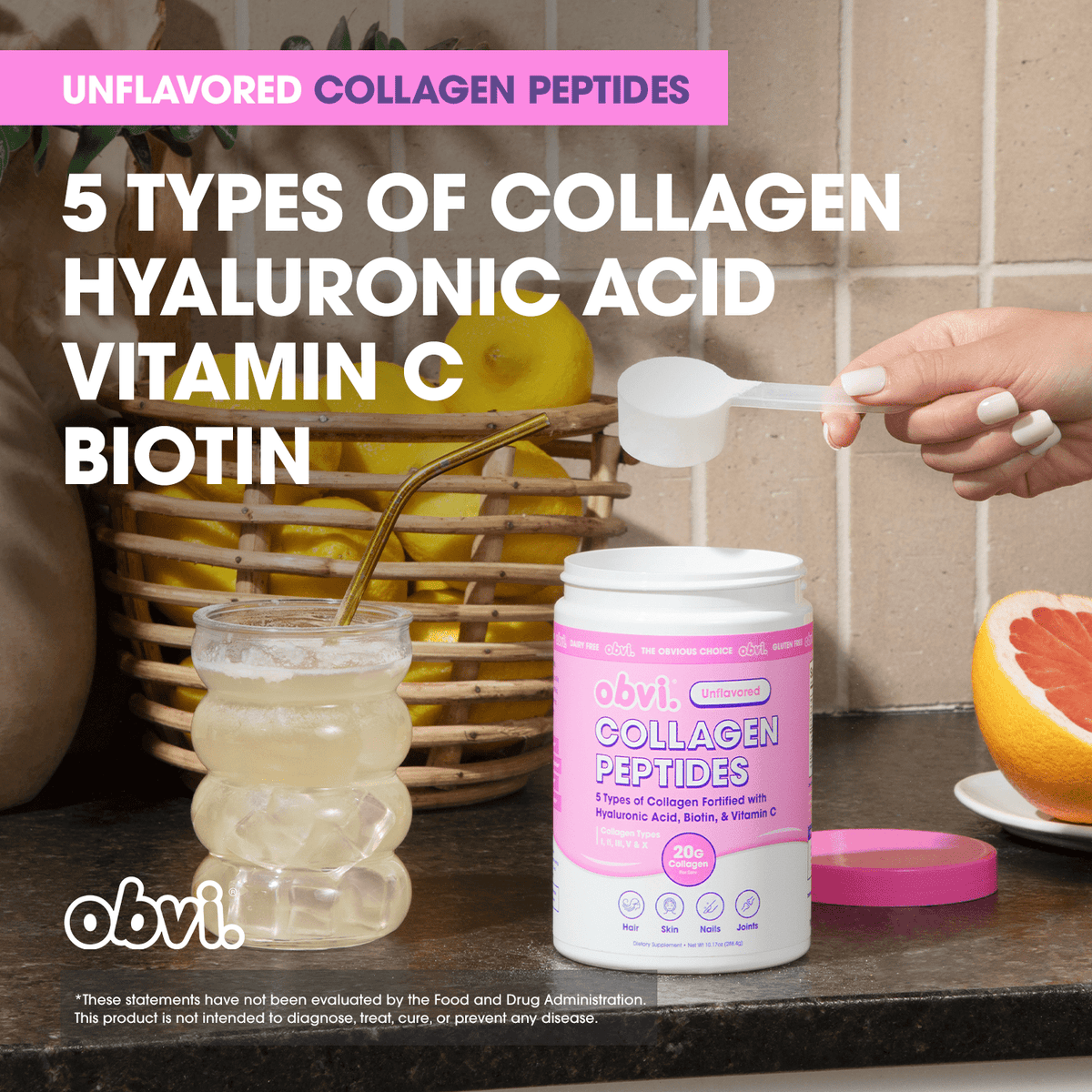(2 pack) Obvi Unflavored Collagen Peptides Powder, Multi Collagen Supplement with Hyaluronic Acid, Biotin, and Vitamin C, 14 Servings