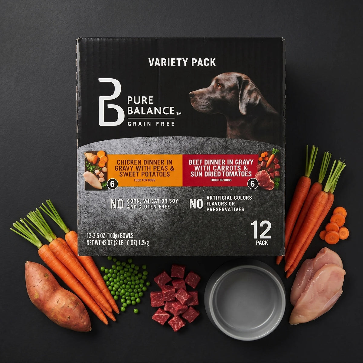 (3 pack) Pure Balance Grain Free Chicken Dinner in Gravy & Beef Dinner in Gravy Wet Dog Food Variety Pack, 3.5 oz, 12 Pack