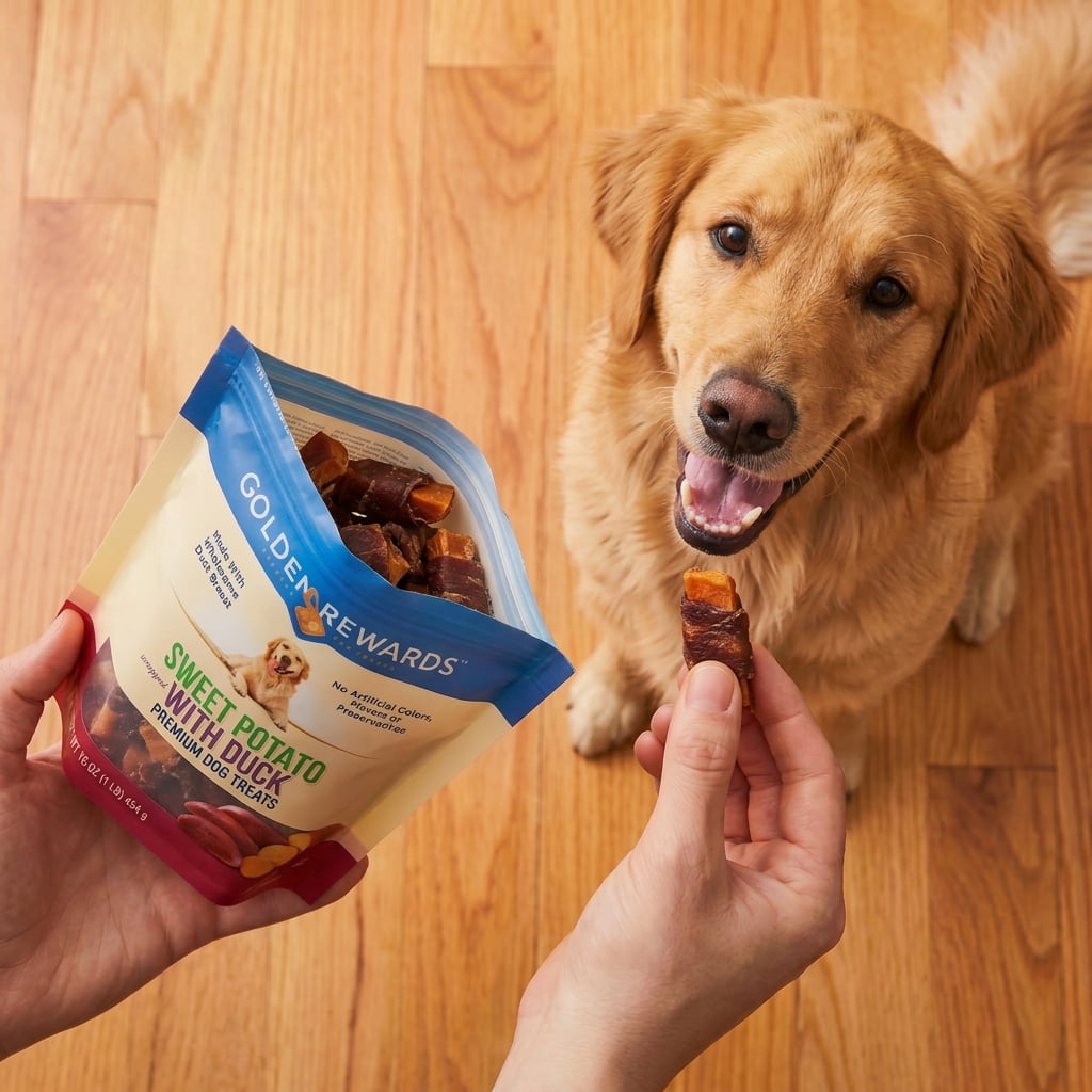(4 pack) Golden Rewards Sweet Potato Wrapped with Duck Premium Treats for Dogs, 16 oz Bag