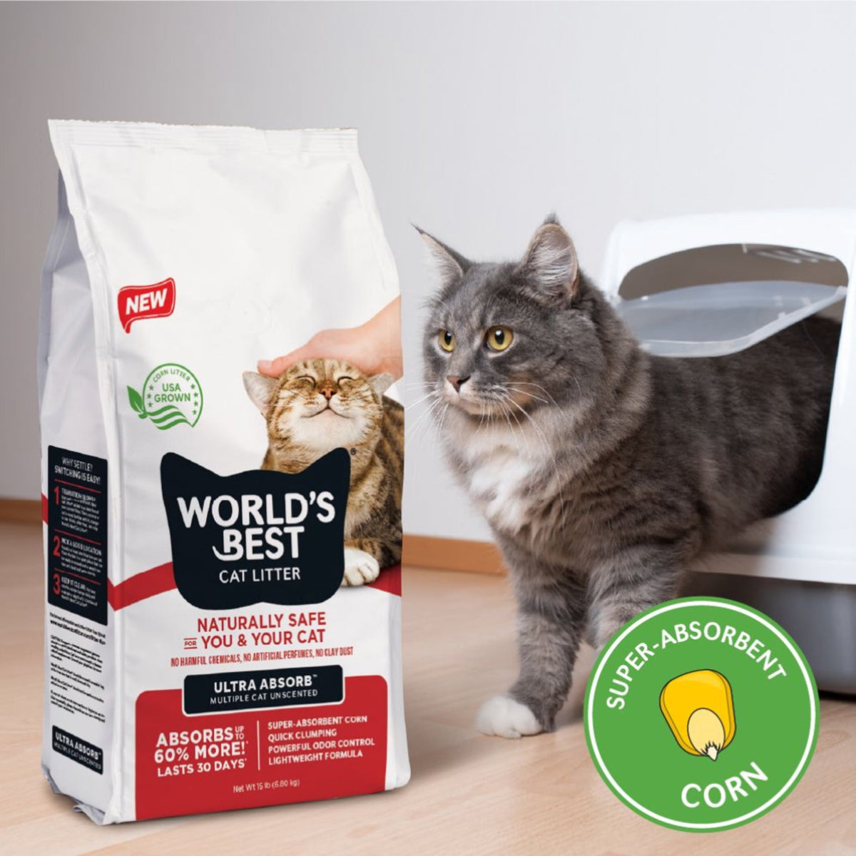 World's Best Cat Litter Ultra Absorb Unscented, Quick Clumping, Flushable, 32 lb Value Pack